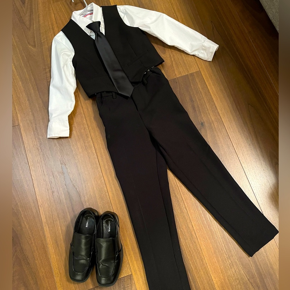 Boy’s dress shirt, vest, pants, shoes and clip on tie